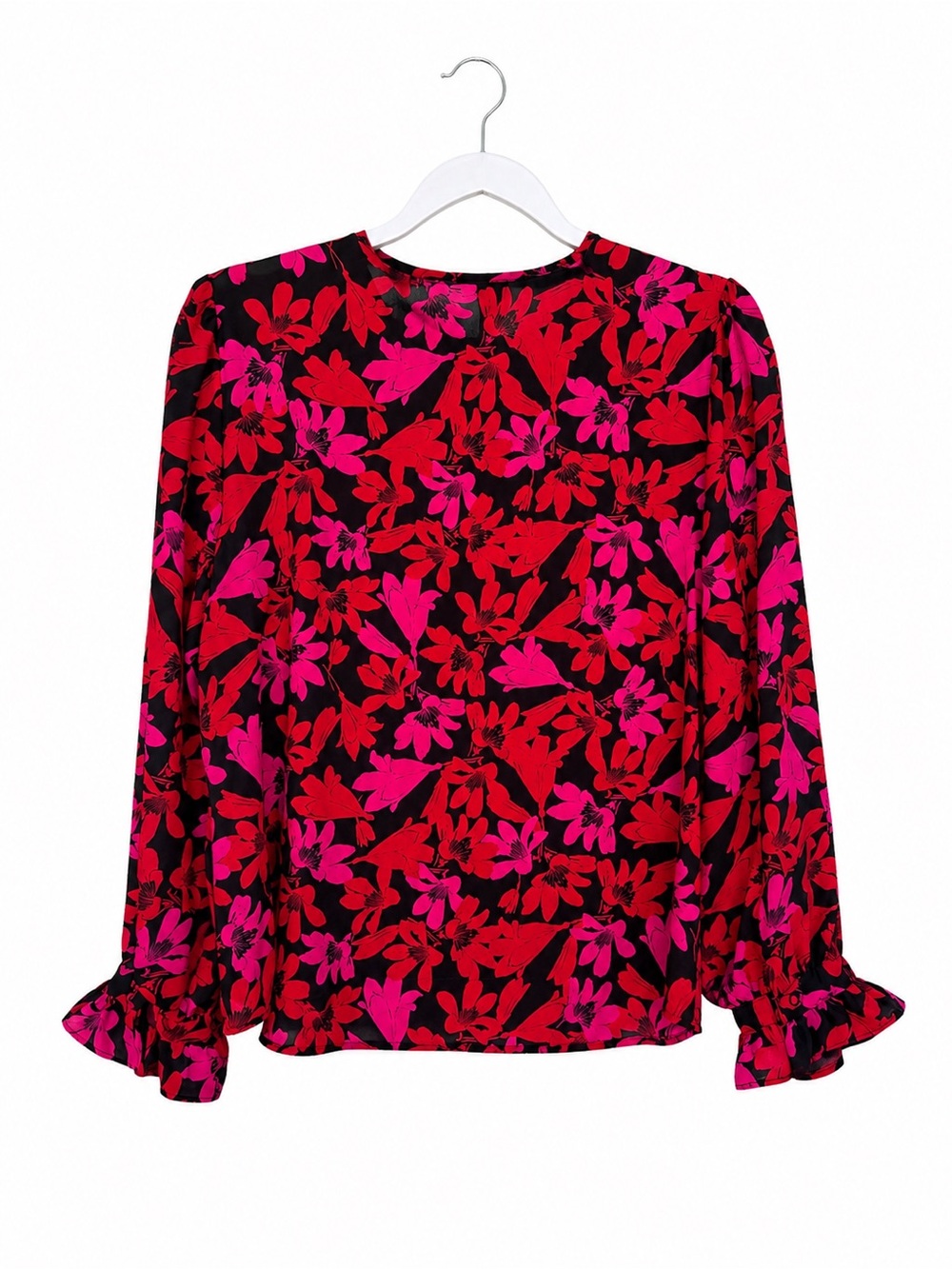 J. Crew Floral Ruffle-Cuff Blouse in Red & Pink